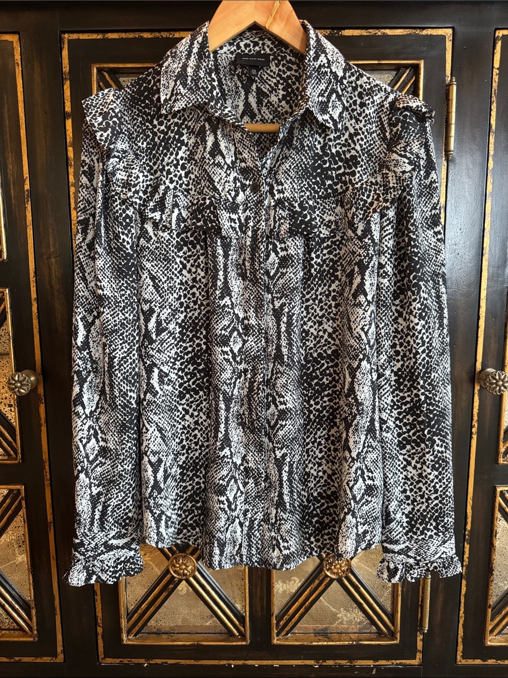 Who What Wear Black and White Snake-Print Button Down Shirt